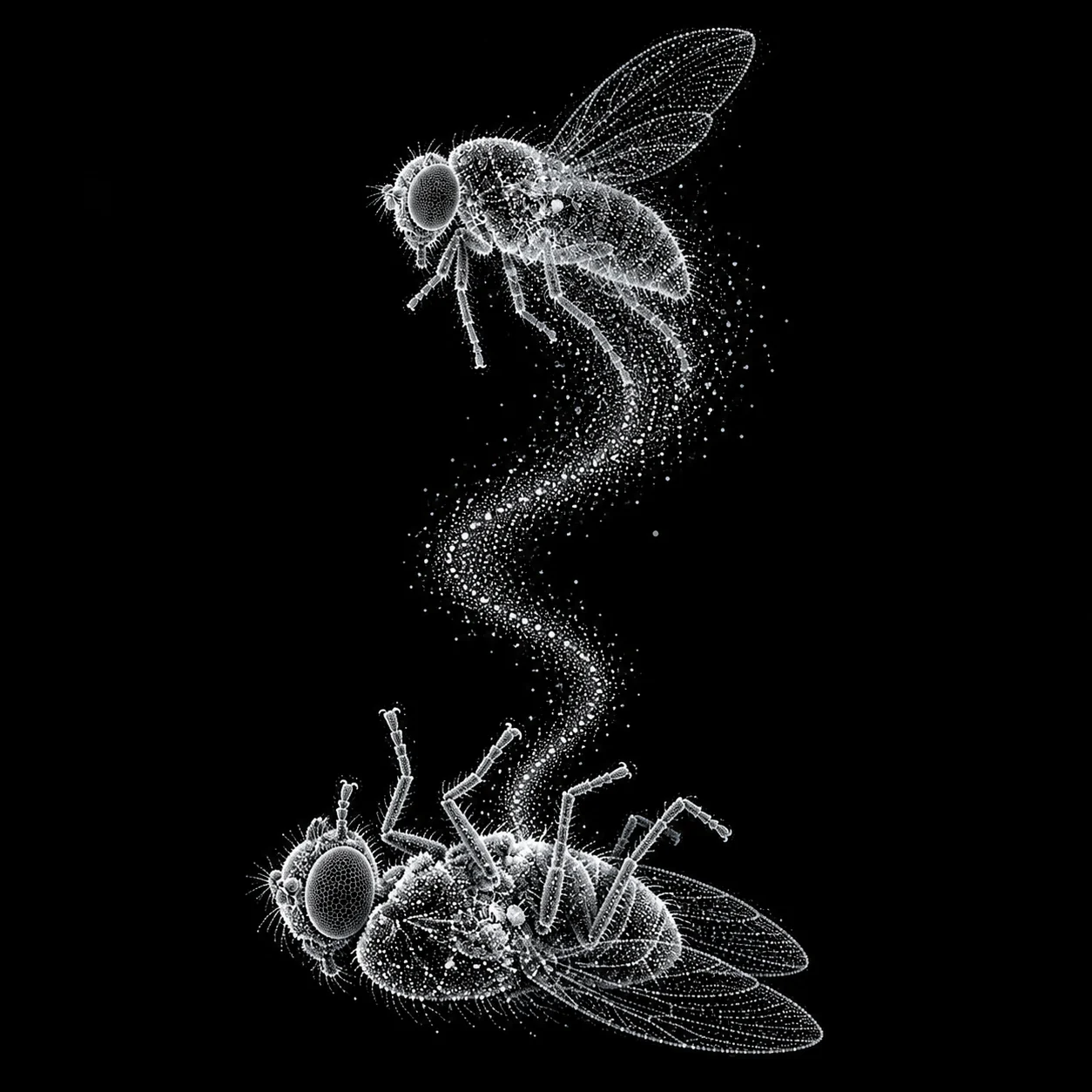 A translucent fly spirit lifts from its sleeping body