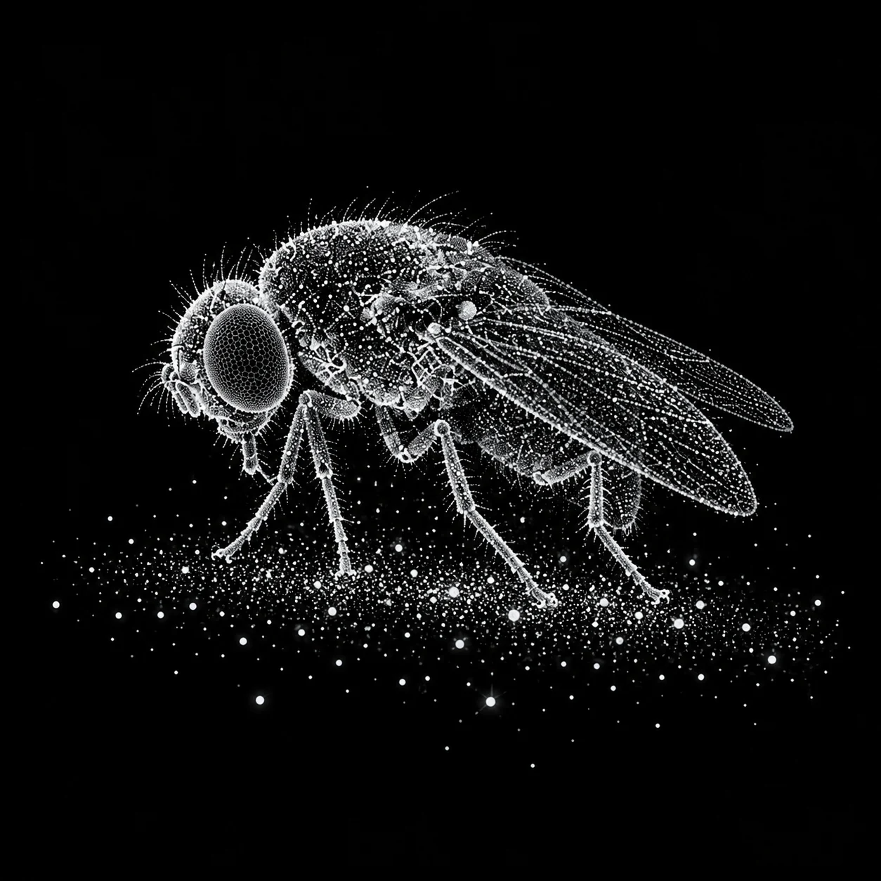 The fly grows sleepy among glowing white particles